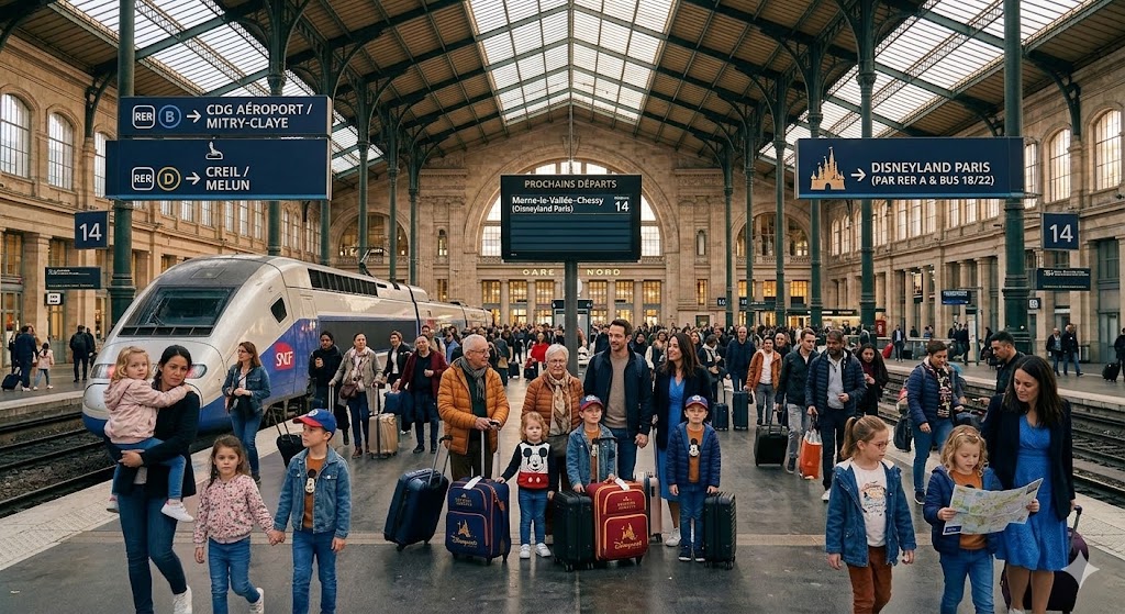 Families arriving at Gare du Nord station heading to Disneyland Paris