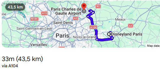how far charles de gaulle to disneyland paris