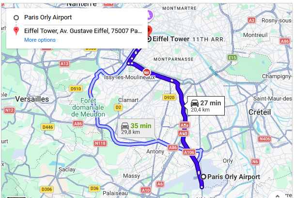 Map from Orly Airport to Eiffel Tower
