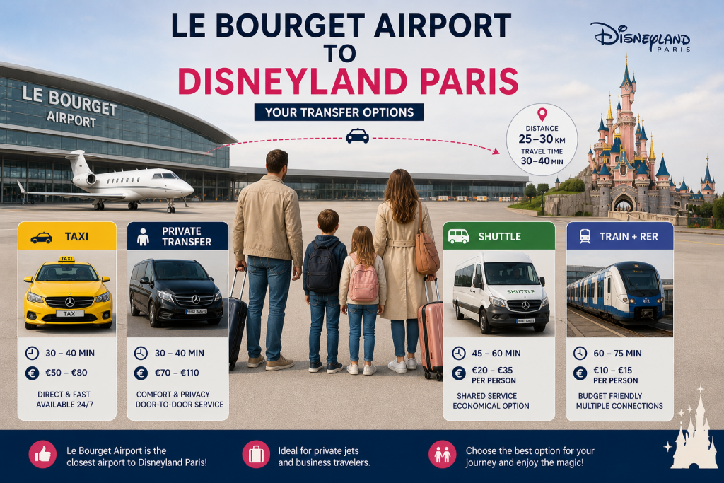 Disneyland Paris airport transfer map showing travel time from CDG, Orly, Beauvais and Le Bourget
