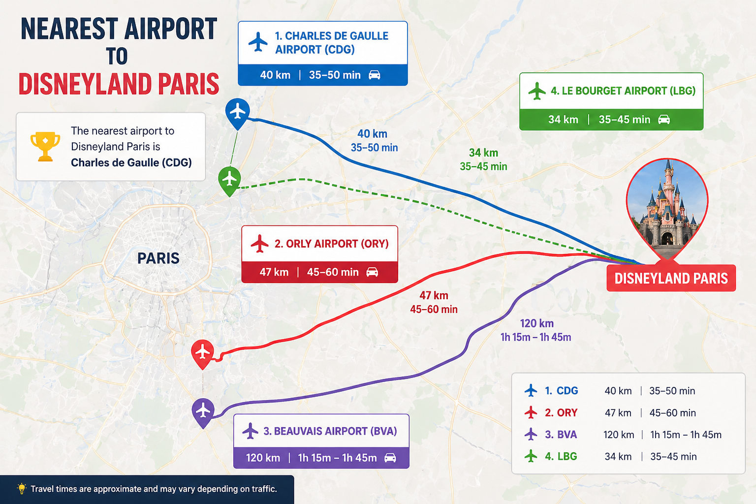 Nearest airport to Disneyland Paris map showing CDG, Orly, Beauvais and Le Bourget distances and travel times