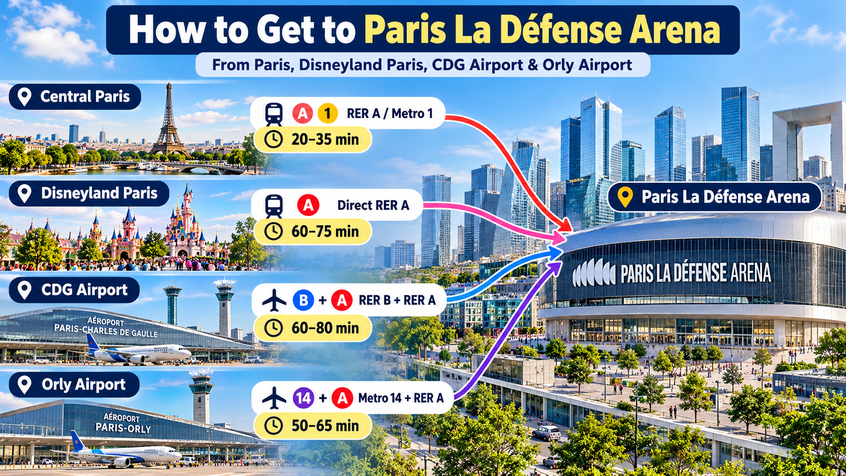 How to get to Paris La Défense Arena by metro, RER, taxi and private transfer